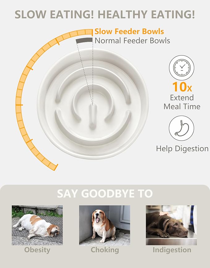 Ceramic Slow Feeder Dog Bowls Elevated, 2.0 Cups Slow Feeder for Medium Dogs, Puzzle Maze Bowl to Slow Down Eating, 30oz, 8in, White