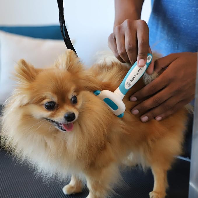 Paws & Pals Dog Brush - Gentle Soft Hair Rake Trimming Comb - Best for Shedding Dogs-Cats, Thick Long Short Haired Pet, Coat Grooming & Cat Hair Fur Removal - Self Cleaning - Deshedding Supplies