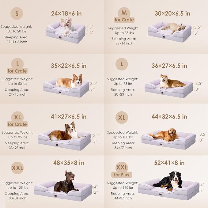 EHEYCIGA Orthopedic Dog Beds for Large Dogs, Waterproof Memory Foam Large Pet Bed with Sides, Non-Slip Bottom and Egg-Crate Foam Dog Couch Bed with Washable Removable Cover, Lilac