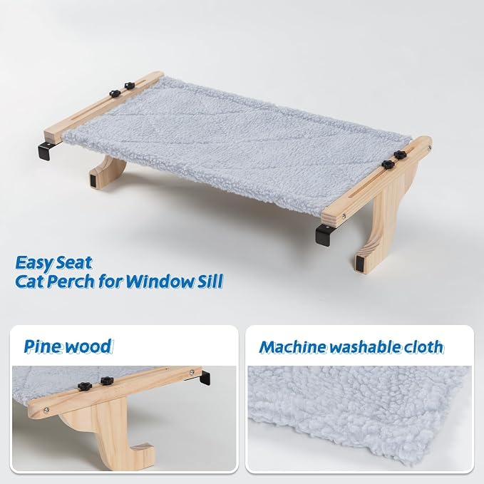 Zakkart Easy Seat Cat Perch for Windowsill (Natural Wood/Gray, M) | Hook-On Windowsill Mount, Clean Hammock Design, Premium Wood & Robust Metal Frame, Machine Washable Bed, 23"W x 14"D