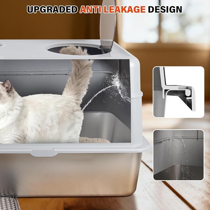 Extra Large Stainless Steel Litter Box with Lid, XL Enclosed Metal Cat Litter Pan, Front Entry Top Exit, Flip-Top, Easy Clean Leak Proof Odor Free, Includes Scoop & Mat, Grey