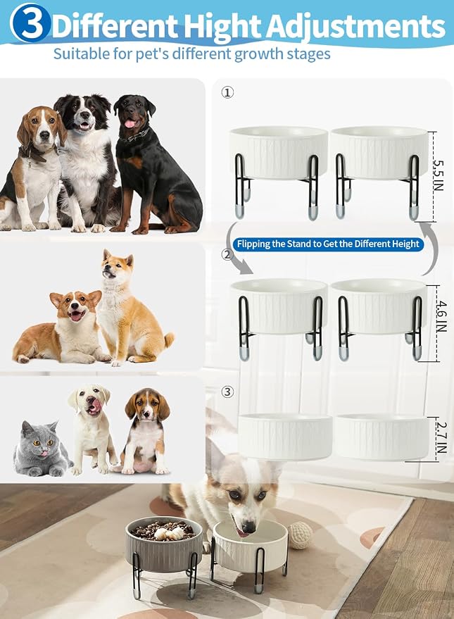 32 oz Ceramic Dog Cat Bowls with Elevated Metal Stand | 6.5 Inch Wide, 2 Heights, Round Pet Food and Water Feeder Bowl Dish, for Cats & Dogs, White & Grey