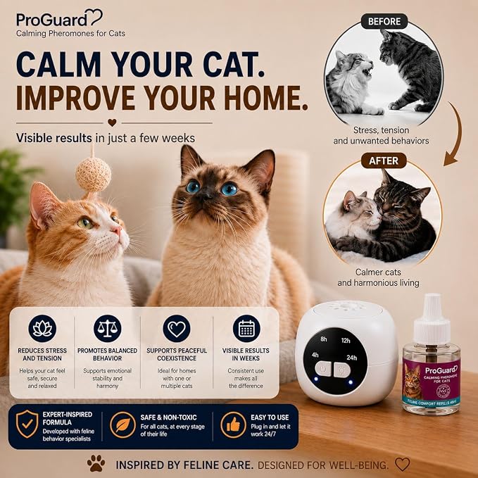 ProGuard® Cat Calming Diffuser Kit with Timer – Advanced Support to Reduce Stress, Spraying, Scratching, Fighting and Hiding – Cat Pheromone Diffuser 9-in-1 with 3 Diffusers with Timer + 6 Refills