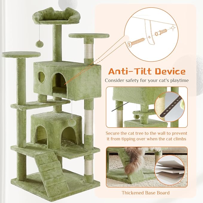 Sweetcrispy 54-inch Cat Tree Tower with Scratching Posts, Indoor Use | Multi-Level Indoor Cat Tree Condo with Climbing Ladder, Plush Toy, Play House for Kitten, Green