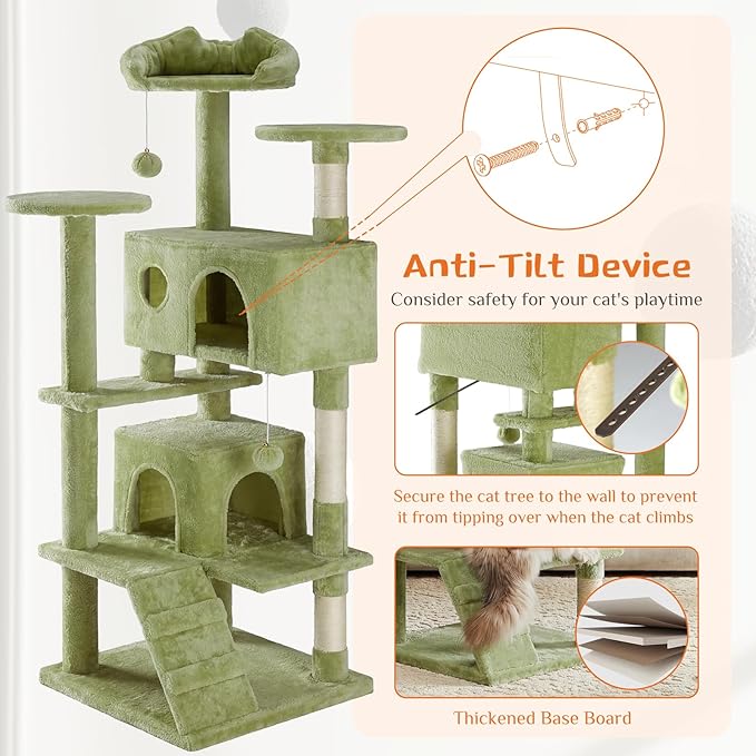 DUMOS 54 Inch Cat Tree Tower with Scratching Posts, Indoor Use | Multi-Level Pet House for Large Cats with 2 Condos, Round Platform, Small Ladder and Toys, Green