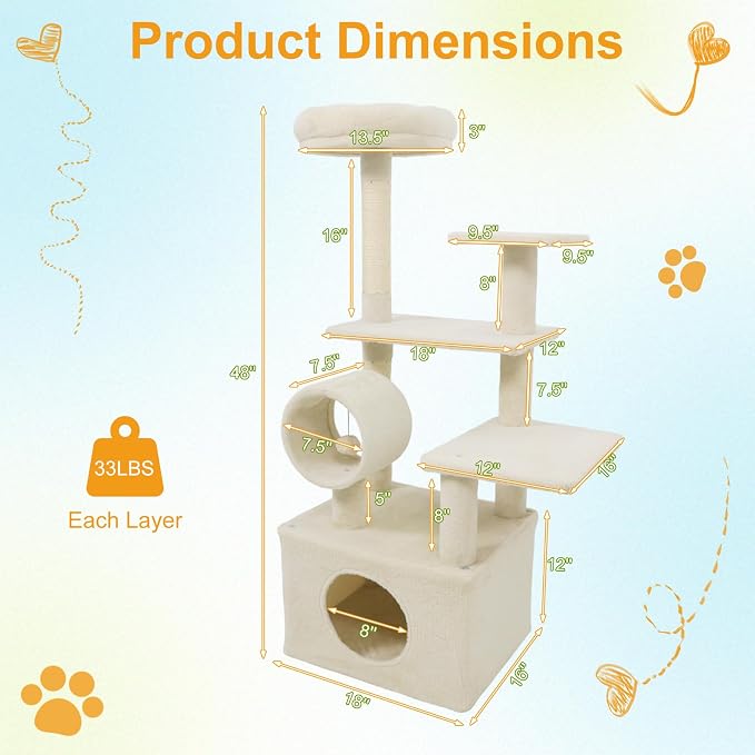 Multi-Level Cat Tree Tower, 48 Inches Tall with Sisal Scratching Posts, Condo, Tunnel with Dangling Ball Inside, Padded Top Perch, Multiple Jumping Platforms, Ideal for Indoor Cats (Beige)