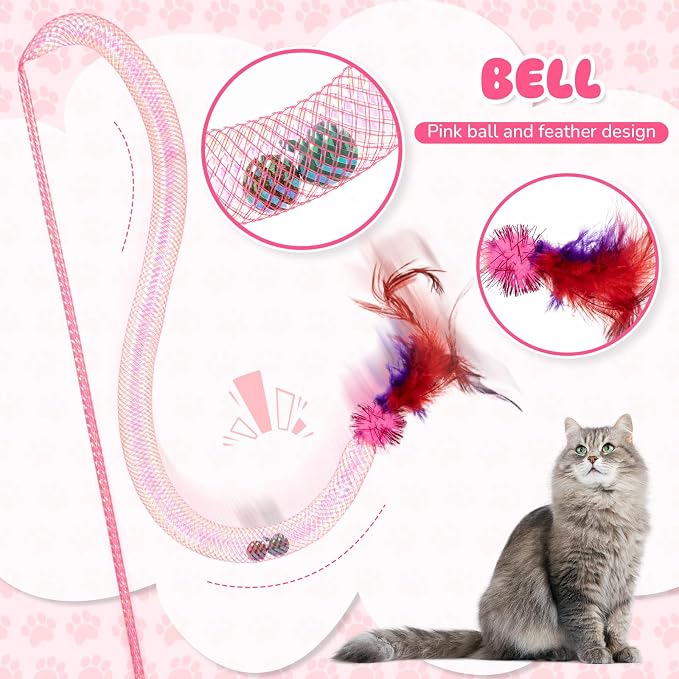 Leitee 101 Pcs Cat Interactive Toys Set with 1 Cat Paw Gift Storage Bags Feather Teaser Wand Springs Mice Fish Crinkle Balls Bell Balls Pillow, Puzzle Toys for Cats Gift Indoor (Pink)