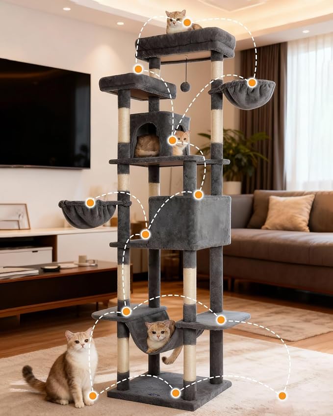 Cat Tree, 81-Inch Tall Cat Tower with Scratching Post, Plush Multi-Level Cat Condo with 2 Perches, 2 Caves, 2 Basket, Hammock for Indoor Cats Grey