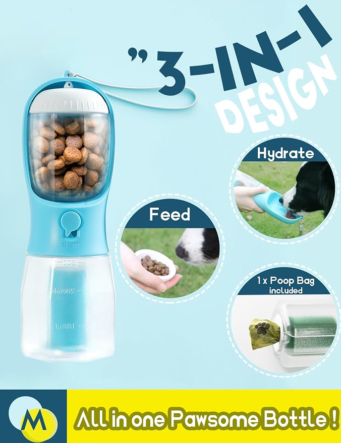 Portable Water Bottle for Small Dogs, 3 in 1 Pet Travel Bowl Dispenser with Food Treat Container & Poop Bag Holder, Summer Hiking Walking Accessories for Puppy On The Go - Blue, 10oz