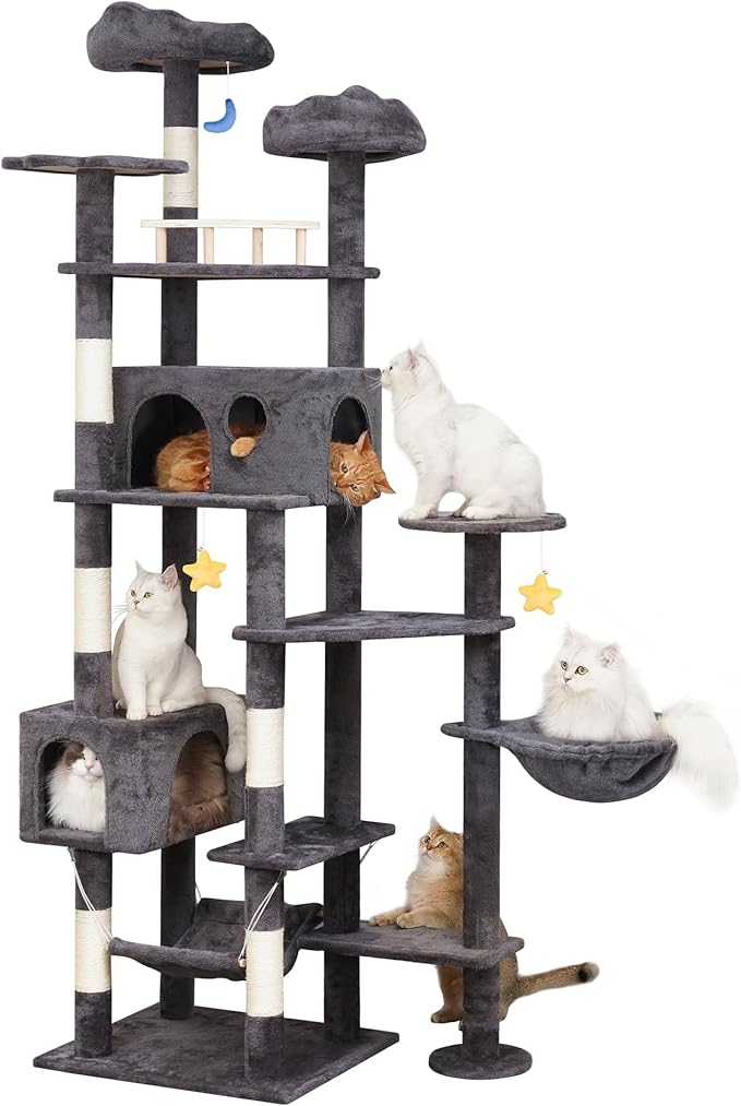 Meecal Cat Tree, 79in Giant Tower for Indoor Cats Large Adult, Smoky Gray | Heavy Duty Cat Trees with Scratching Post, 2 Cat Condos, Hammocks, Perches, Hanging Toys for Multiple Maine Coon, Big Cats