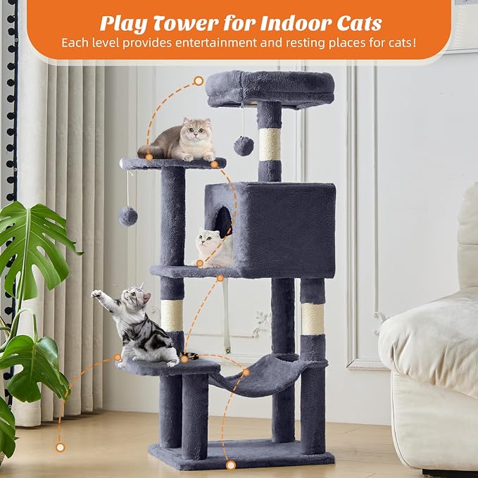 DUMOS 44 Inch Cat Tree Tower with Natural Sisal Scratching Posts | Small Cat Tree with Hammock, Pet Condo for Indoor Cats and Kittens Play, Dark Grey