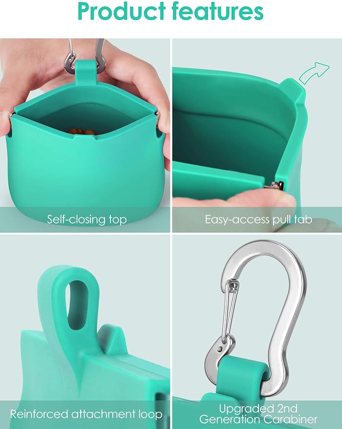 1 Cup Silicone Dog Training Treat Pouch(Turquoise) | Clip on Leash or Belt Loop, One-Hand Access with Pull Tab, Small Pocket Sized, Auto Closing Lid for Pet Training & Walking