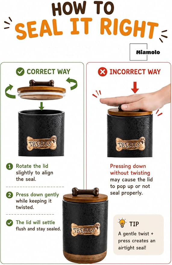 Miamolo Dog Treat Container Jar, Ceramic Airtight Dog Food Storage Container with Lid and Handle, Dog Treats Cookie Snack Jar Canister for Kitchen Counter, Gift for Dog Owners, Bone Glinting Black