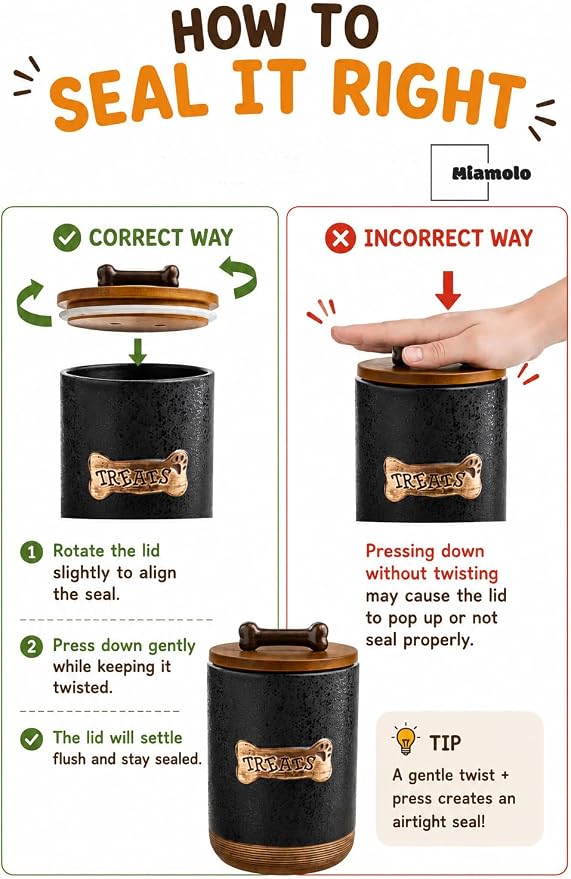 Miamolo Dog Treat Container Airtight Ceramic Dog Treat Jar with Wooden Lid, 8 Cups Dog Food Storage Container for Countertop, Decorative Dog Cookie Jar Canister with Handle - Bone Dotted Black