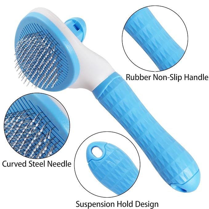 1Pc Cat Hair Brush Self Cleaning Slicker Brush with Release Button Pet Grooming Tool Skin Friendly Deshedding Brush for Dogs and Cats Easy Clean Blue 7.48 x 3.94 in