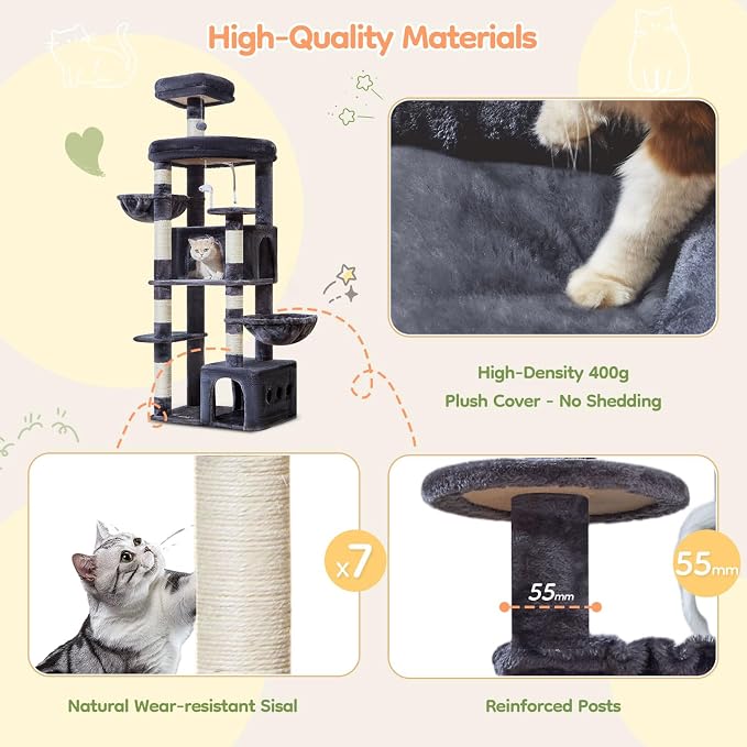 Taoqimiao 71in Cat Tree, Heavy Duty Large Cat Tower for Indoor Cats MS050G | Extra Wide Sturdy Base, Tall Multi-level, 7 Sisal Scratching Posts, 2 Houses, 2-Post Supported Baskets, 2 Perches, Smoke Gray