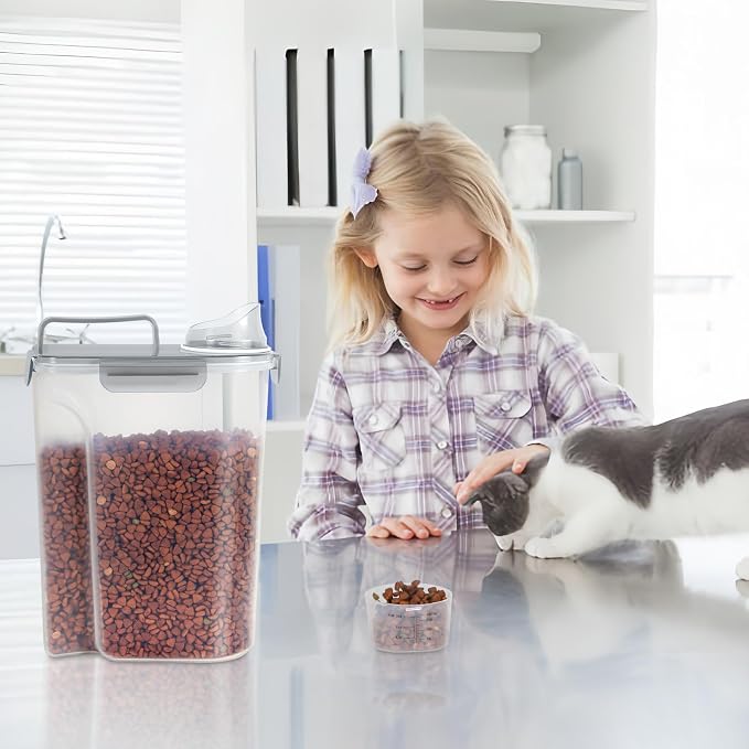 LEAWALK 5-7Lbs/6Qt Dog Cat Storage Container Portable with Upgraded Large Spout and Cup, Plastic Pet Food Dispenser for Small Animal Kibble, Bird Seed, Oatmeal, Rice, Flour, Brown Sugart- Clear Gray