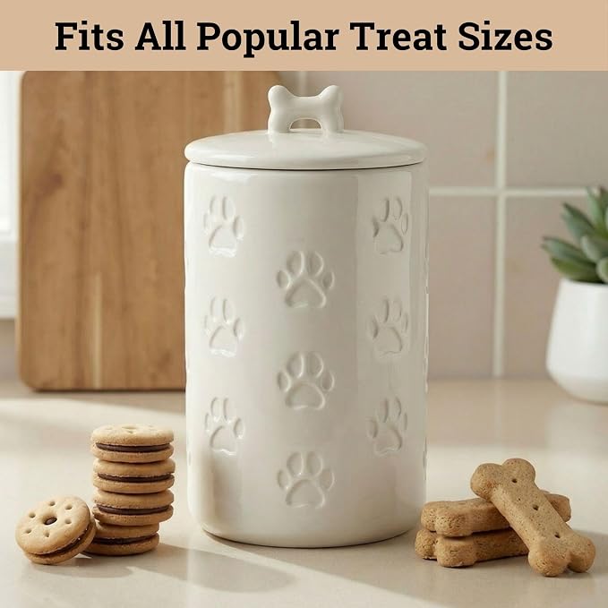 Dog Treat Container Airtight, 5"W x 9"H, Ceramic 7 Cups Big Treats Canister | Sturdy Durable Ceramic, Airtight Ceramic Lid, Fits All Popular Treats, Food Safe, Cute all-over Paw Prints and Bone Handle