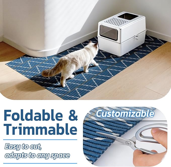 Cat Litter Mat, 40"x25" Jumbo Foam Litter Box Mat | Extra Large Coverage, Soft on Paws, Trimmable Design, BPA-Free Foam, Leak-Proof, Machine Washable, Navy Chevron