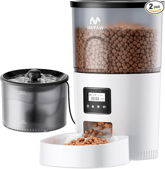 IMIPAW Automatic Cat Feeder and Water Fountain, Timed Dry Food Dispenser, Programmable Portion Control, 1-6 Meals Per Day, Desiccant Bag, Cat Fountains for Drinking with Filter, Small Pets (3L Combo)