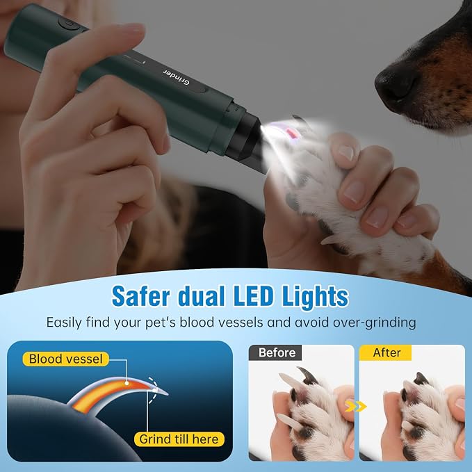Dog Nail Grinder, Safe Electric Pet Nail Trimmer for Dog Grooming | 7-Speed Adjustable, Quiet Low Vibration, LED Light & Sponge Dust Collector, Painless Trimming, Storage Bag (Black & Green)