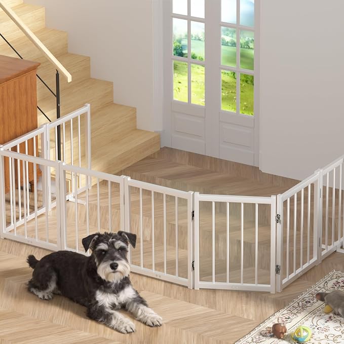 Snuowu 16" Freestanding Short Dog Gate for Small Dogs – Foldable & Retractable, Expands Up to 96" Wide, 8-Panel Pet Barrier for Doorways, Stairs & Hallways (White)