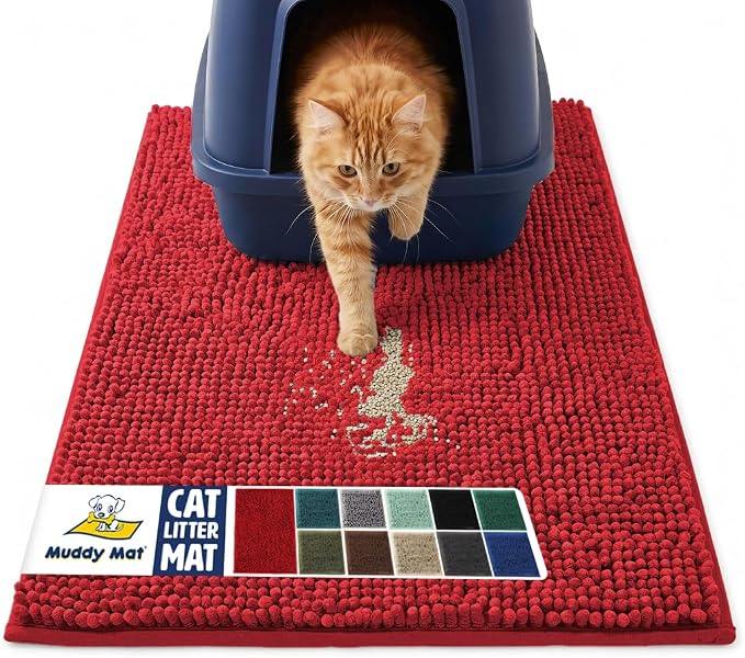 Muddy Mat® | Cat Litter Mat 19"x30", Litter Trapping Mat, Super Absorbent Scatter Control, Soft on Paws, Slip Resistant Washable Kitty Litter Mat, Traps Litter, Protects Floors, Red