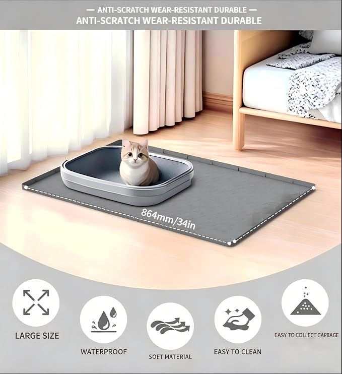 Large Silicone Cat Litter Mat 34*22Inch, Waterproof Washable Kitty Pad | Urineproof Litter Trapping Mat For Cat Easy to Clean Non-Slip Soft On Kitty Paws Protects Floors Mat For Washing Machine
