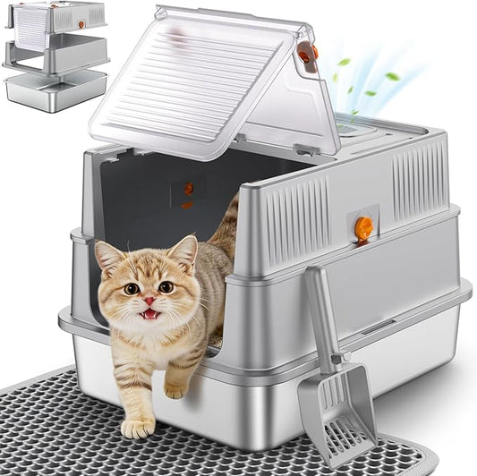 URPOWER Stainless Steel Cat Litter Box for Small Cats, Kitten Litter Box with 180° Flip-Top Lid Enclosed Metal Kitty Litter Box with Mat & Scoop, Odor Free, Non-Sticky, Non-Sticky, Easy Cleaning
