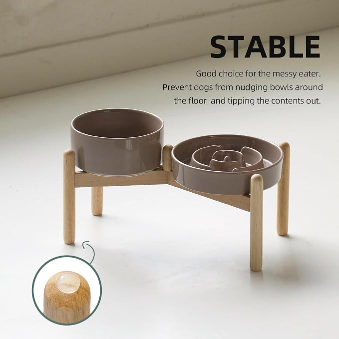 Havniva 7.3” Raised Slow Feeder Dog Bowls Set, 1.2 Cups Ceramic Slow Feeder Dog Bowl and 6.1” Dog Water Bowl with Elevated Wooden Stand Puzzle Dog Food Bowl for Small Dogs Anti-Gulping & Anti-Choking