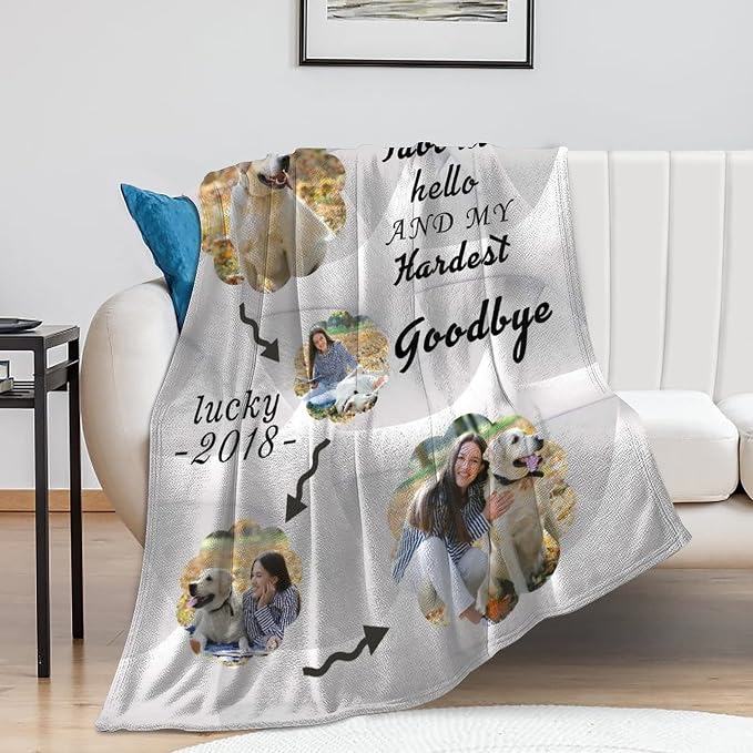 Personalized Throw Blanket Custom Blankets with Dog Photo Name Hello and Goodbye Soft Fleece Blanket for pet Memorial Gifts 4 Photos Collage