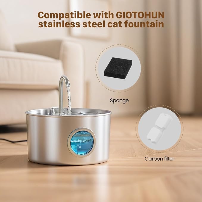 GIOTOHUN Pet Water Fountain Filter: 50 Cat Water Fountains Filter - 25 Carbon Filters & 25 Foam Filters - Suitable for GIOTOHUN Stainless Steel Cat Fountain S11