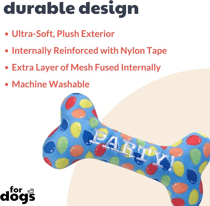 Huxley & Kent Funny Dog Toy w/Squeaker – Birthday Power Plush Squeaky Dog Toys for Small, Medium & Large Dogs – Soft Stuffed Animal for Indoor Play & Fetch - Party Time Blue Bone, Large