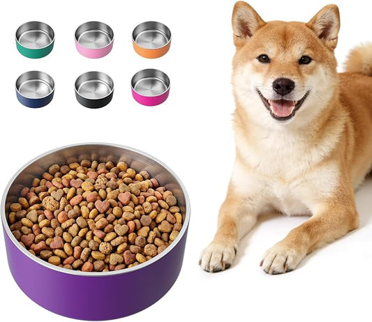 LIHONG Stainless Steel Dog Bowls for Large Dogs,Dog Food Water Bowls with Non Slip Rubber Bottom,Pet Feeding Bowl,Double Wall Insulated,Rustproof(64oz,Purple)