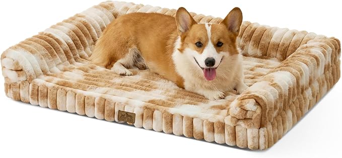 COZY KISS Ultra Soft Faux Rabbit Fur Dog Bed for Medium Dogs – 36"x27" Orthopedic Foam Couch, Removable Washable Cover & Waterproof Lining, Tie-Dye Brown