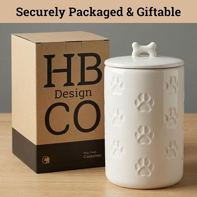 Dog Treat Container Airtight, 5"W x 9"H, Ceramic 7 Cups Big Treats Canister | Sturdy Durable Ceramic, Airtight Ceramic Lid, Fits All Popular Treats, Food Safe, Cute all-over Paw Prints and Bone Handle