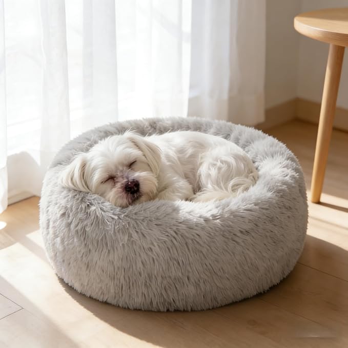 SAVFOX 23 inches Calming Donut Dog Bed - 3X Durable Plush Faux Fur, Machine Washable & Non-Slip, Fits up to 25 lbs, Light Grey