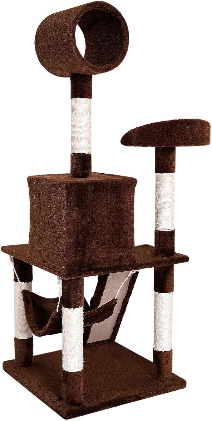 lionto Scratching Tree for Cats with Hammock & Tunnel, Height 52,4 in, cat Tree with sisal Rope & Soft Plush, Cozy Lying Areas & Caves, Suitable for Small & Large Cats, Brown