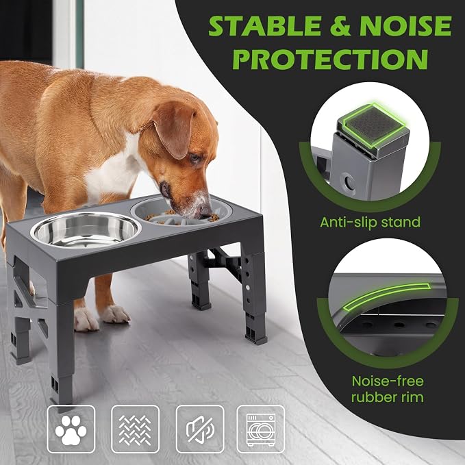 Elevated Dog Bowls with 5 Adjustable Heights Stand | 2 Stainless Steel Bowls, 1 Slow Feeder, 3.2" to 12.2" Hegiht Raised Dog Bowl for Small to Large Dogs