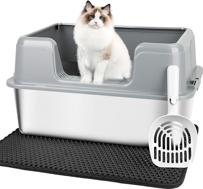 Vivifying XL Stainless Steel Cat Litter Box, High Side Metal Litter Pan with Scoop and Mat for Big Cats, Kittens, Rabbits and Hamsters, Easy Cleaning Design (Gray)
