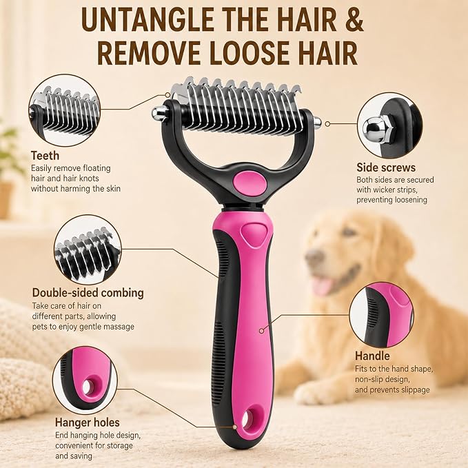 Dematting Comb for Dogs and Cats, Pet Grooming Rake, Double Sided Deshedding Brush for Dogs & Cats, Deshedding Dog Brush Removes Tangles Knots and Loose Fur for Long Haired Pets (Blue+pink)