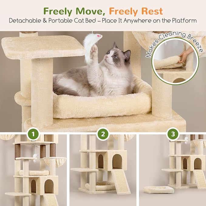 Globlazer Tall Cat Tree for Indoor Large Cats, 75 inch, F75C, Beige | Multi-Level Cat Tower, 2 Large Platforms, 2 Oversized Cat Condos, 5 Scratching Posts, Scratching Board, Removable Pet Bed
