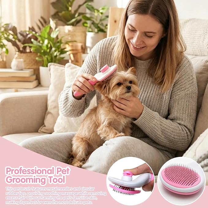 Aglads 8PCS Cat Rabbit Bunny Dog Grooming Kit, Self-Cleaning Slicker Brush & Deshedding Comb, Dematting Tool, Nail Clipper File, Flea Comb, Portable Storage Bag for Long/Short Haired Pets(8, pink)