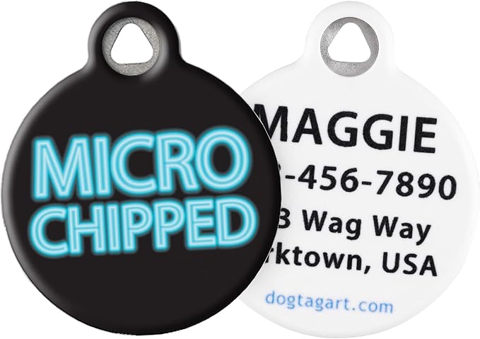 Microchipped Medical Alert Personalized Pet ID Tag for Dogs and Cats, Silent Polymer Coated Stainless Steel Nametag with Customized Identification Information - Large 1.25" Diameter