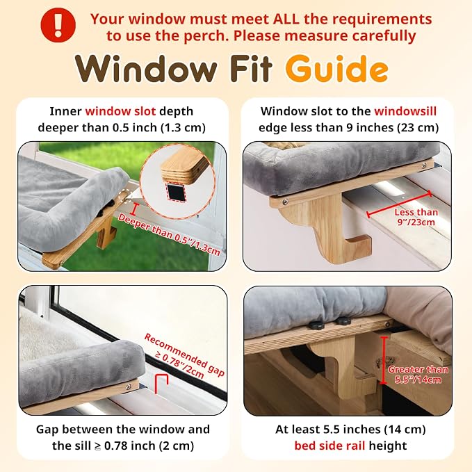 [Ready to Gift] PURRHOUSE 45LBS Cat Window Perch with Bolster, Hammock Seat with Plywood & Metal Frame, Cat Bed for Windowsill, Bedside and Cabinet (Natural Wood & Brown Cushion, 24.8''W x 9.4''H)