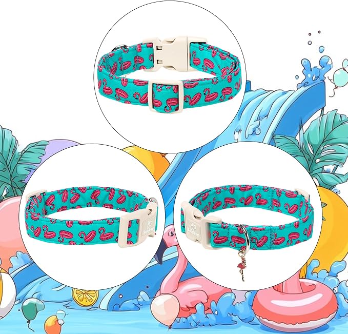 Summer Dog Collar, Cute Boy Flamingo Pool Party Dog Collars for Large Dogs - Beach Day Pup Collar, Soft Adjustable Male Pet Collars with Quick Release Buckle L