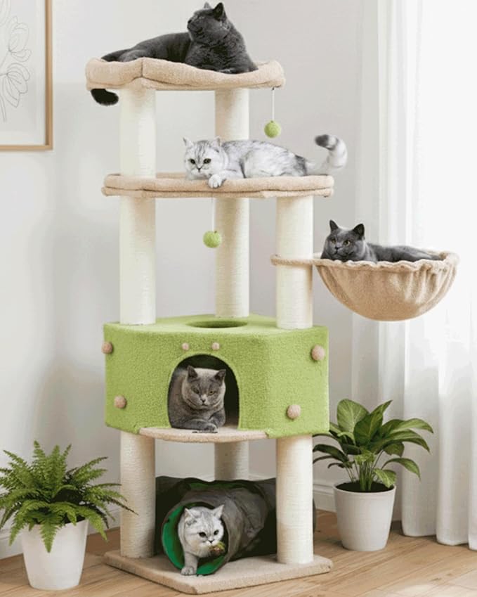 Cat Tree Tower for Large Cats Adult - 60 Inch XXL Sturdy Heavy Duty Extra Wide Scratching Posts (φ4.4in) Condo - Indoor Big Cat House Hammock Perch - XL Wood Multi Level Feline Pet Bed Trees Houses