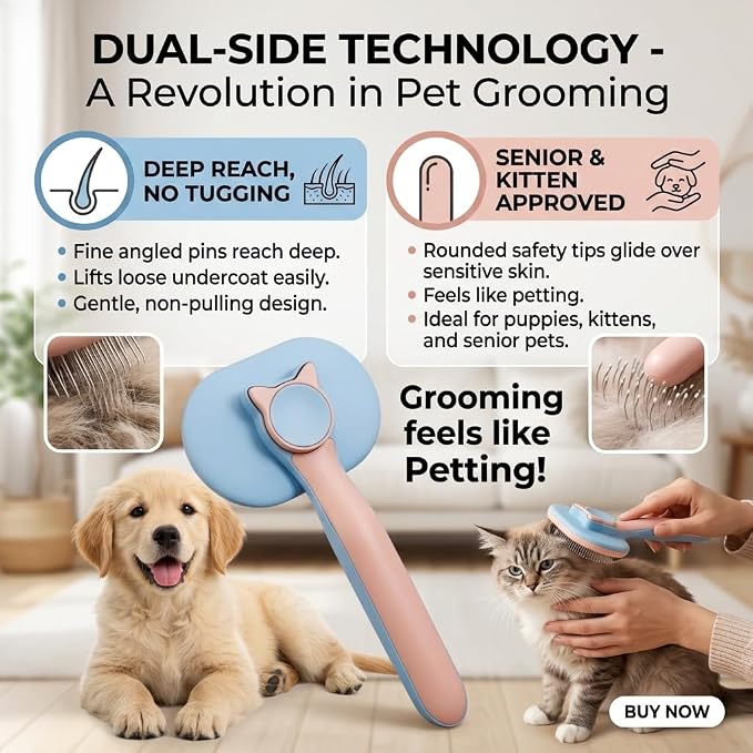 Self Cleaning Slicker Brush for Dogs and Cats | 2 in 1 Grooming Tool, Removes Loose Undercoat Tangles, Shedding Hair, Massage Bristles, Anti-Slip Handle, Long and Short Hair