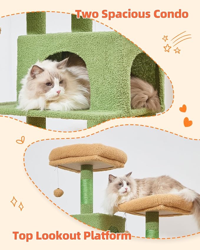Taoqimiao Cactus Cat Tree, 67 in Tall Cat Tower with 2 Plush Cat Condos | 7 Scratching Posts, 2 Top Perches, Cozy Hammock & Basket, Indoor Cats, 2 Pompoms & Mouse Toy, MS013T
