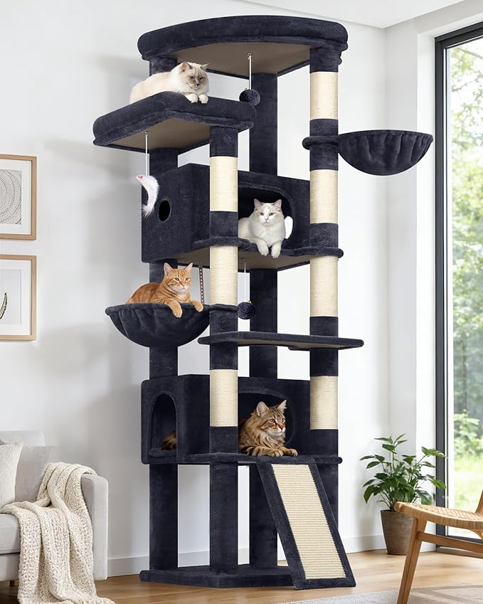 Globlazer 80in Tall Extra Large Heavy Duty Corner Cat Tree Tower, S80C | Sturdy Big Cat Tower for Indoor Cats Large Adult with Scratching Post, 2 Spacious Condos with Padding, 2 Perches, Dark Grey